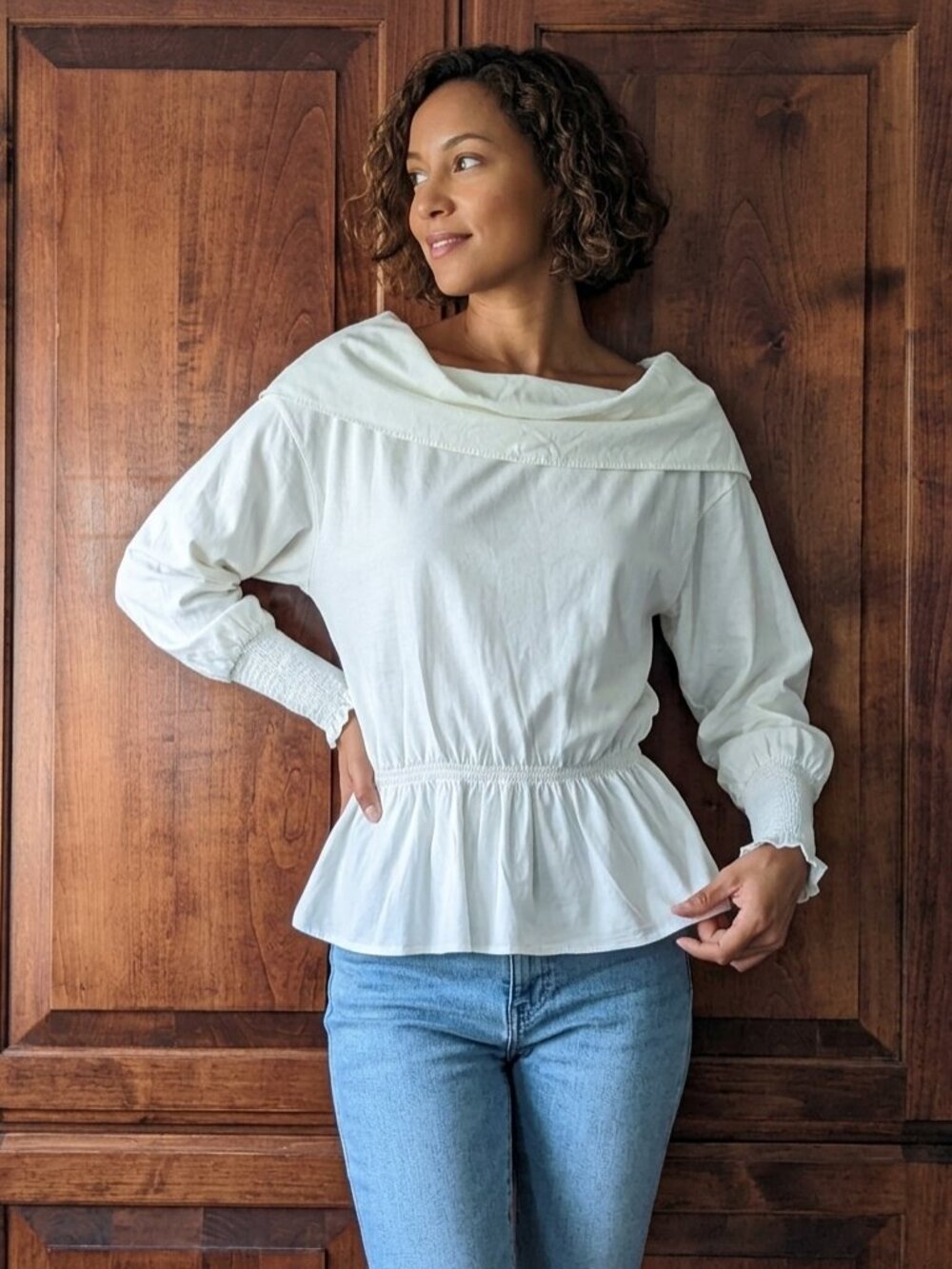 ZARA White Cowl Neck Peplum Top – 100% Cotton – Size M